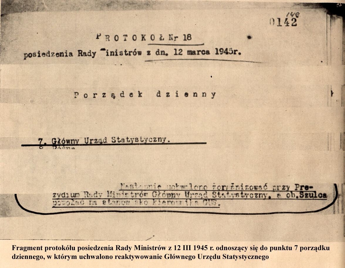 Fragment protokołu posiedzenia Rady Ministrów z 12 marca 1945 roku, odnoszący się do punktu 7 porządku dziennego, w którym uchwalono reaktywowanie Głównego Urzędu Statystycznego