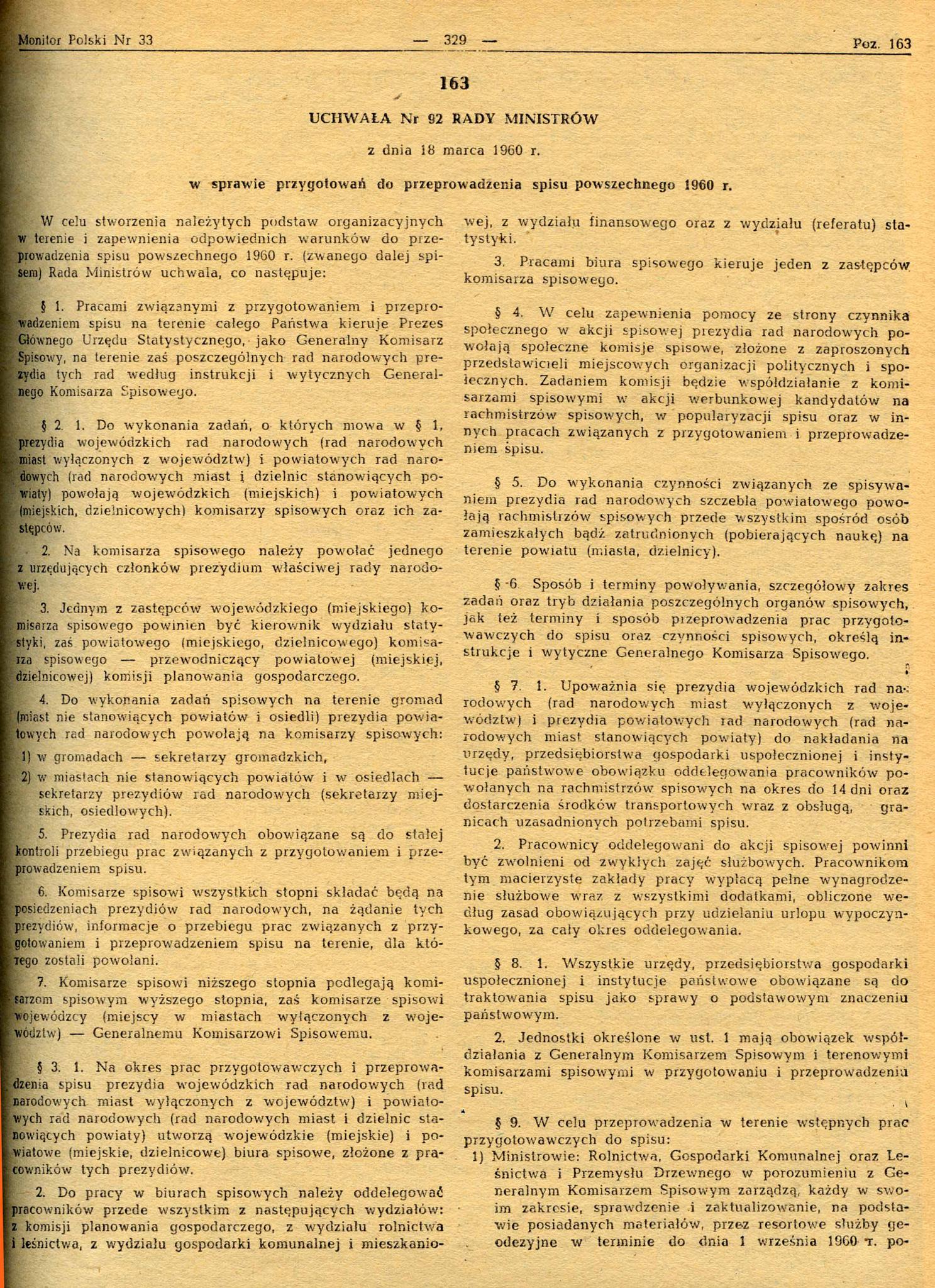 Uchwała Nr 92 Rady Ministrów z dnia 18 marca 1960 r. w sprawie przygotowań do przeprowadzenia spisu powszechnego 1960 r.